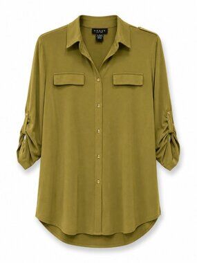 Grace Olive Button Down Collared Long Sleeve Top NWT